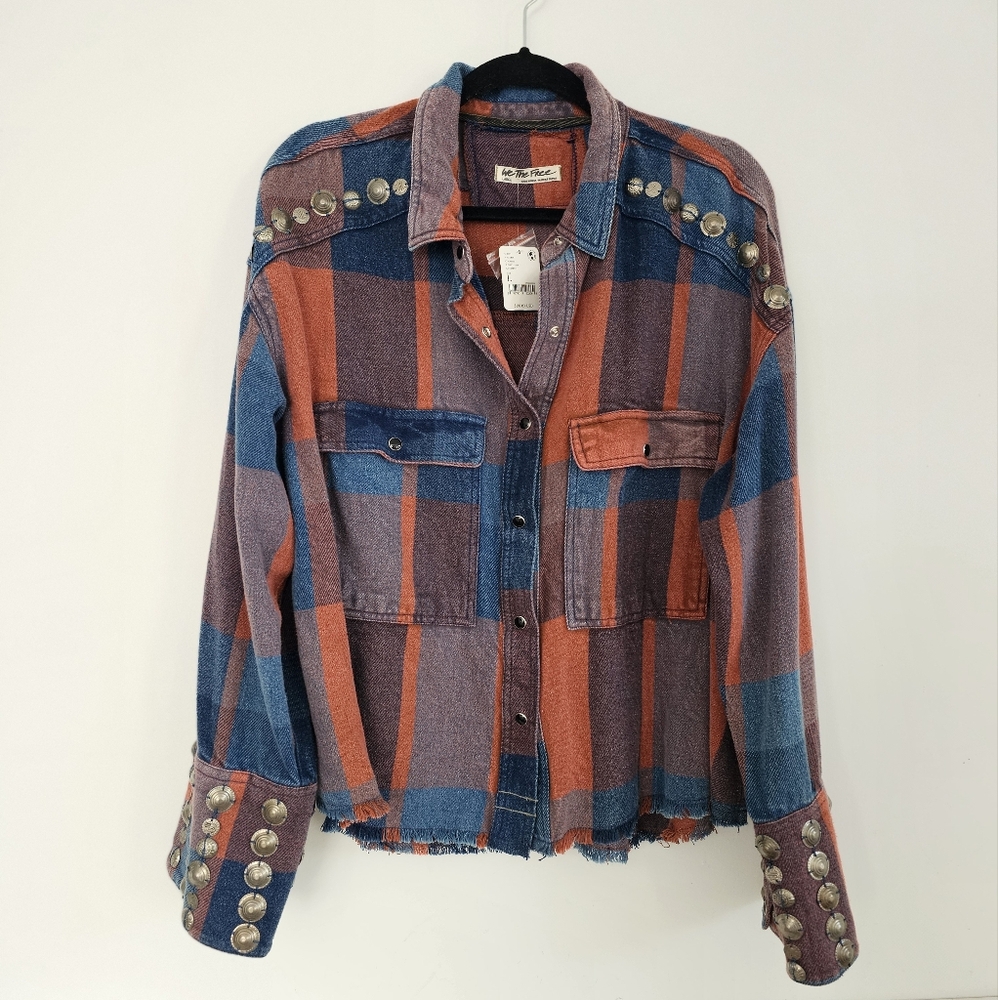NWT Free People Embellished Plaid Crop Button Up L Large We The Free